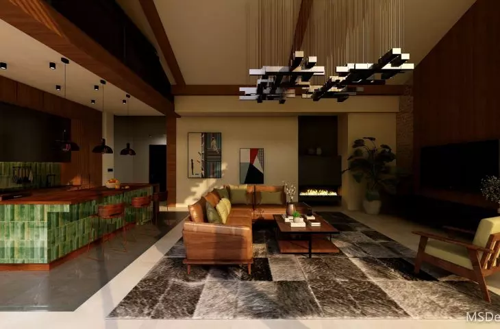Leather corner sofa in caramel shade is the heart of the living room - it invites you to relax in a unique atmosphere