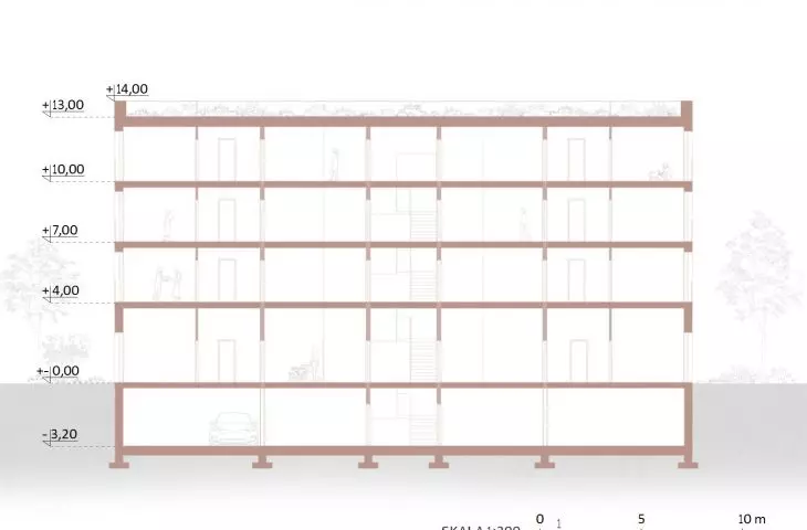 longitudinal cross-section of a residential building