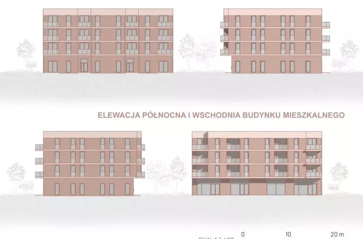 West and south elevations of the residential building