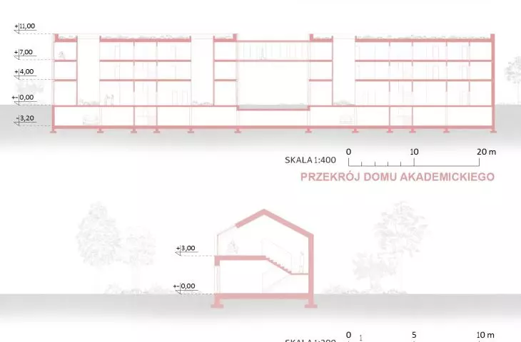 dormitories and dormitory - longitudinal cross-section