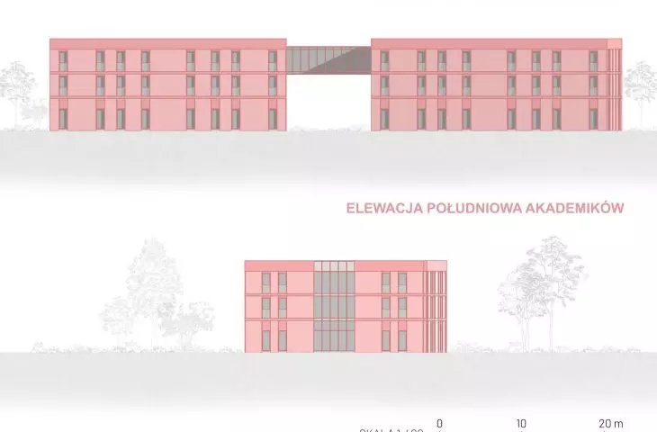 dormitories - east and south elevations