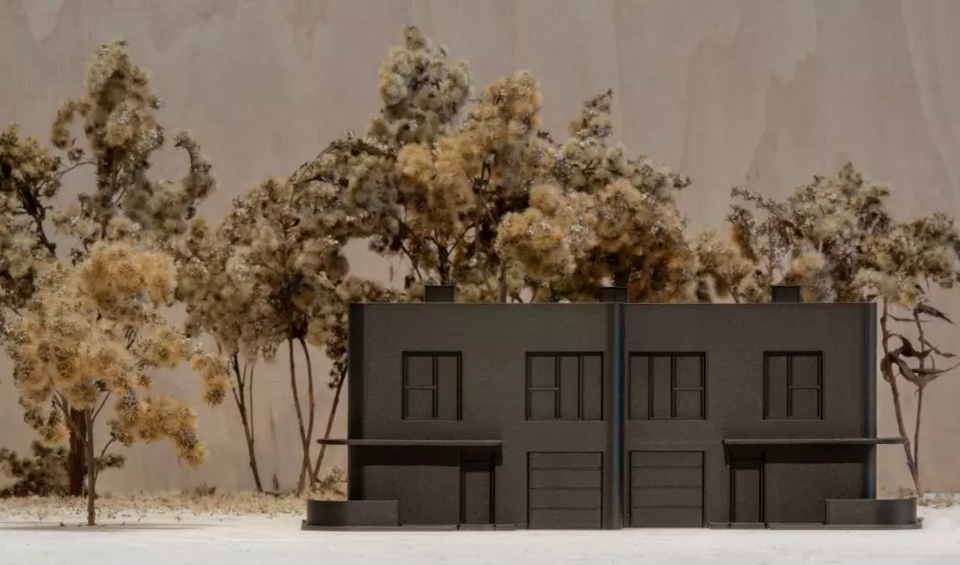 Modern body of the JOZ2 house surrounded by a pine forest near Warsaw - minimalist architecture inspired by modernism of the 1930s.(model)