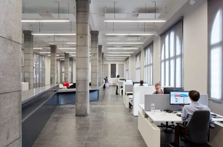 Interior office spaces in brutalist character 
