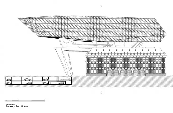 Stara strażnica to zabytkowa baza projektu, zintegrowana z nowoczesną architekturą – rysunek elewacji 