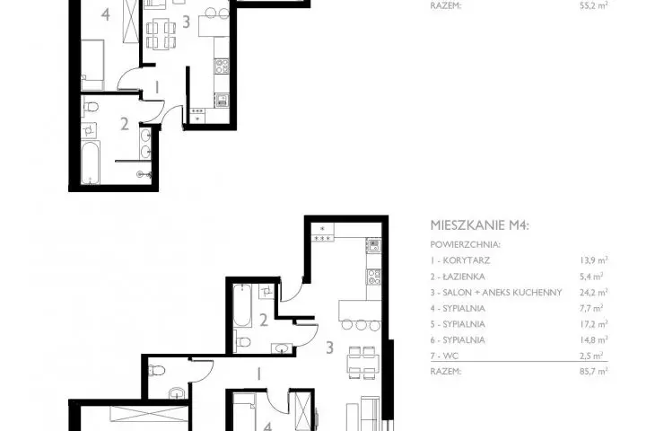 układ bazowych modułów mieszkań M3 i M4