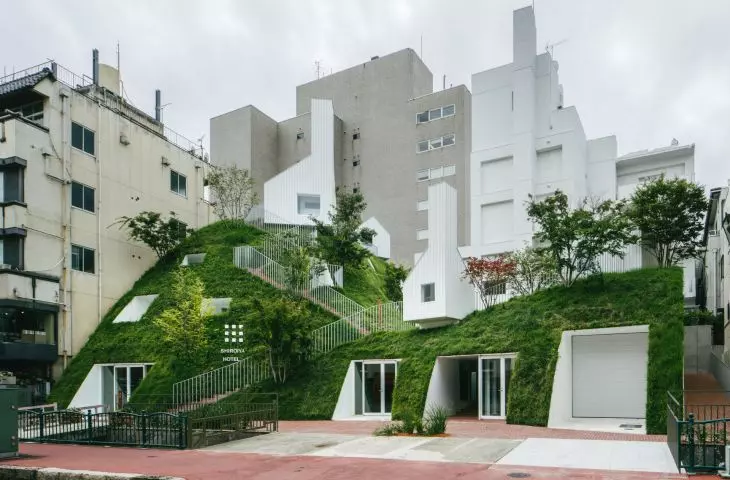 A view of a green hill covered with grass, trees and bushes, from which white geometric objects resembling simplified houses emerge