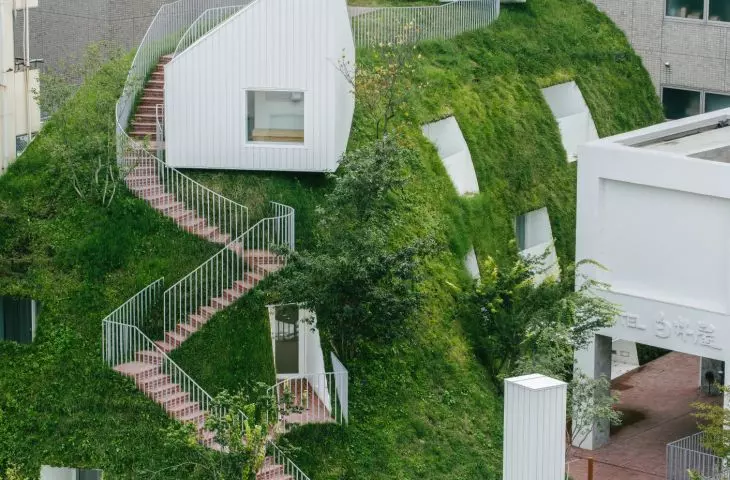 View of a natural hill from which simple residential forms 