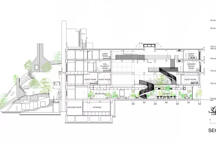 Hotel Shiroiya w Japonii – przekrój podłużny obiektu 