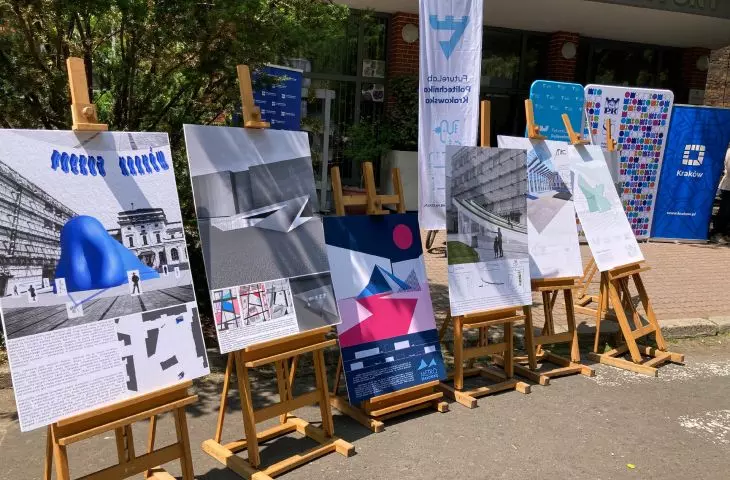 prace nagrodzone i wyróżnione w konkursie na poster ilustrujący wizję wejścia do stacji metra „Dworzec Główny” w Krakowie
