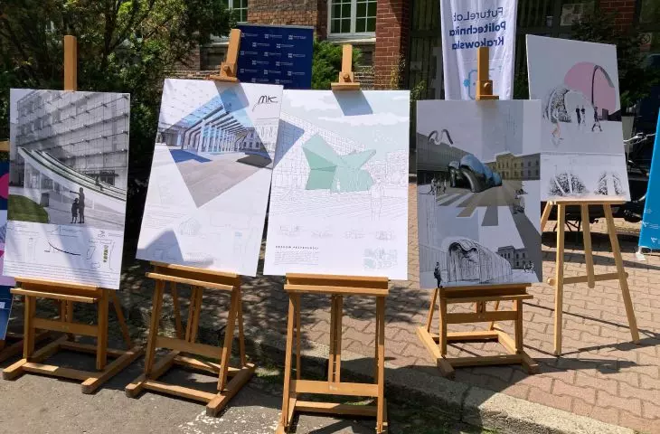prace nagrodzone i wyróżnione w konkursie na poster ilustrujący wizję wejścia do stacji metra „Dworzec Główny” w Krakowie