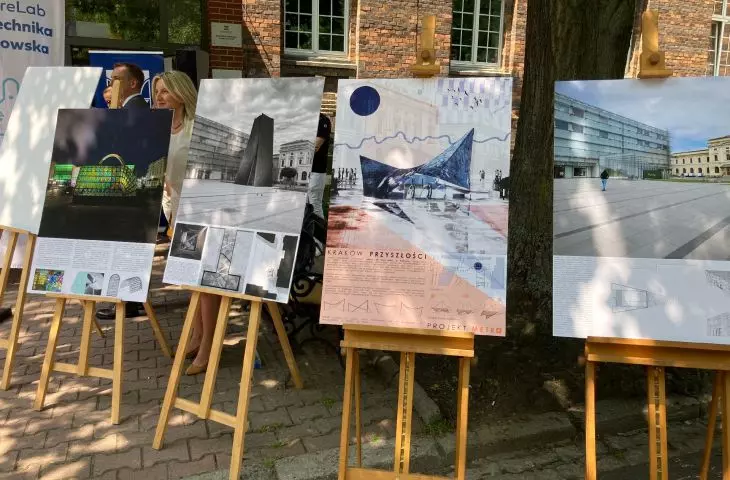 prace nagrodzone i wyróżnione w konkursie na poster ilustrujący wizję wejścia do stacji metra „Dworzec Główny” w Krakowie