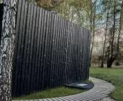 The front door of the cottage is hidden in the facade covered with tan spruce planks (Japanese Shou Sugi Ban technique)