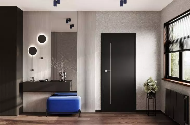 Intarsia 80 door in a rebate-free version. The smooth, matte surface combined with subtle intarsia brings a sophisticated but subdued touch to the interior. 