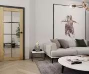 The Loft collection of flushless doors was created for lovers of simple lines and minimalism. The Loft 20 model is distinguished by a delicate black application painted on the glass.