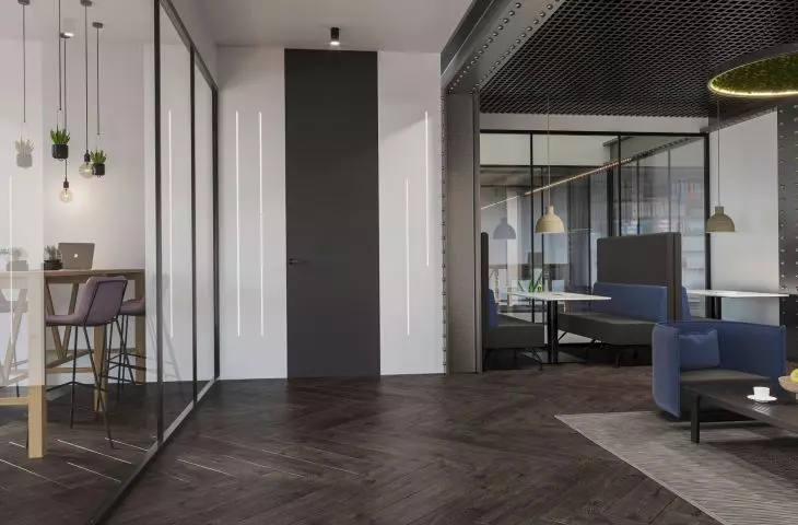 Hidden Door Sara Pro H220 will work well in a modern office building. A special primer film allows you to paint the door with wall-colored paint, which will optically enlarge the interior.