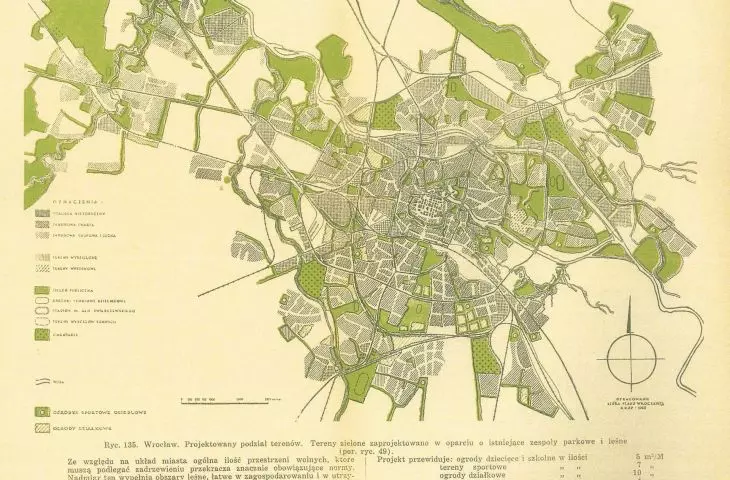 Wrocław. Designed land division. Green areas designed on the basis of existing park and forest complexes - study from 1949.