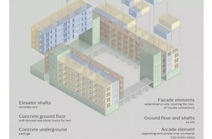 schemat konstrukcji z modułowych elementów przestrzennych