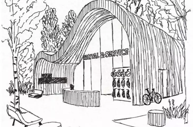 Bicycle rental and repair shop with retention tank, draft