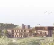 widok na budynek stołówki z terenów spacerowych od strony południowej