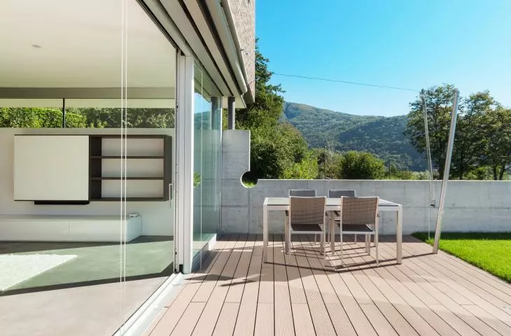 Terrace made of Dekard composite boards on aluminum joists