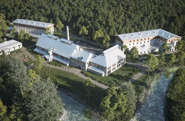 An aerial view of the rebuilt complex of the Jozefina glassworks in Szklarska Poreba