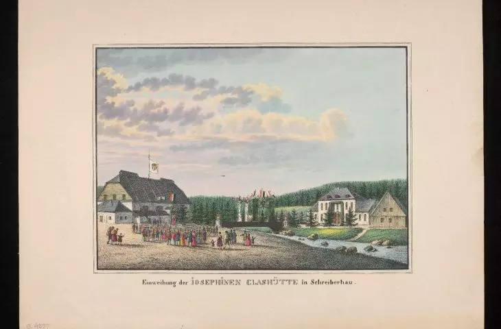 A lithograph depicting the Josephine glassworks in Szklarska Poreba