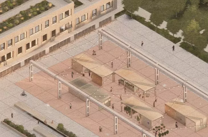 aksonometria projektu przekształcenia tego miejsca na lokalne targowisko