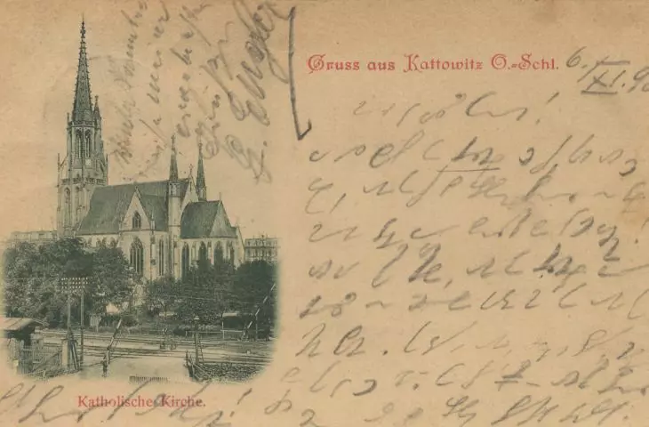 Pocztówka z końca XIX wieku z widokiem na Kościół Mariacki w Katowicach