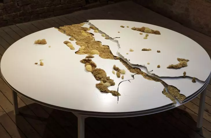 The Wetlands Tondo is a mock-up depicting Warsaw's wetlands, made of natural sponges that swelled when sprinkled with water; it was the reference point for expeditions with naturalists from the Wetlands Conservation Center