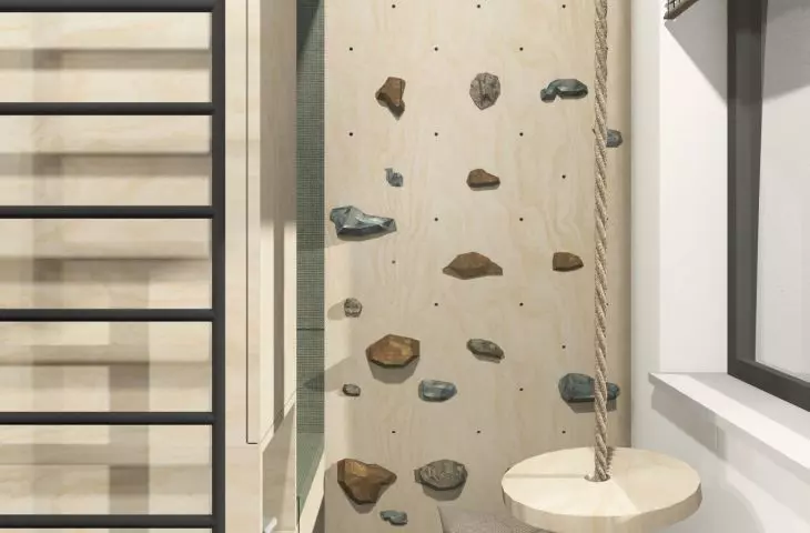 Hidden climbing wall and swing 