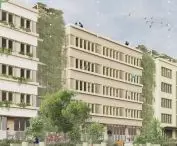 widok z zewnątrz na elewację akademika, warsztatów oraz strefę wejściową