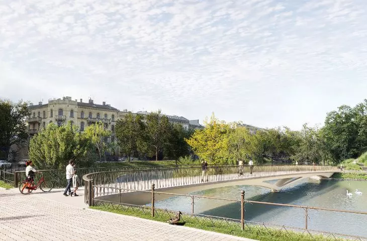 stalowe balustrady płynnie łączą się z miejskim ogrodzeniem