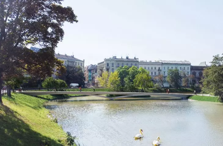 podest kładki oparty jest na dwóch łukach, które wspiera centralnie umieszczona podpora