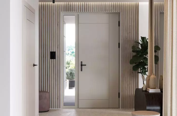 Drzwi zewnętrzne PORTA THERMO LINE model L.6 w kolorze Beżowy Szary, drzwi wewnętrzne PORTA UNI KOLOR MODERN model I.1 z czarnymi intarsjami w kolorze Kaszmir Matt