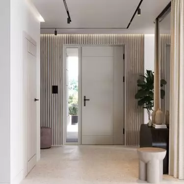 Drzwi zewnętrzne PORTA THERMO LINE model L.6 w kolorze Beżowy Szary, drzwi wewnętrzne PORTA UNI KOLOR MODERN model I.1 z czarnymi intarsjami w kolorze Kaszmir Matt