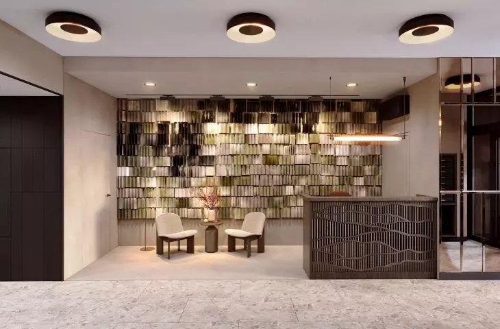 Handmade wall mosaic in the lobby and at the entrance to the residential building