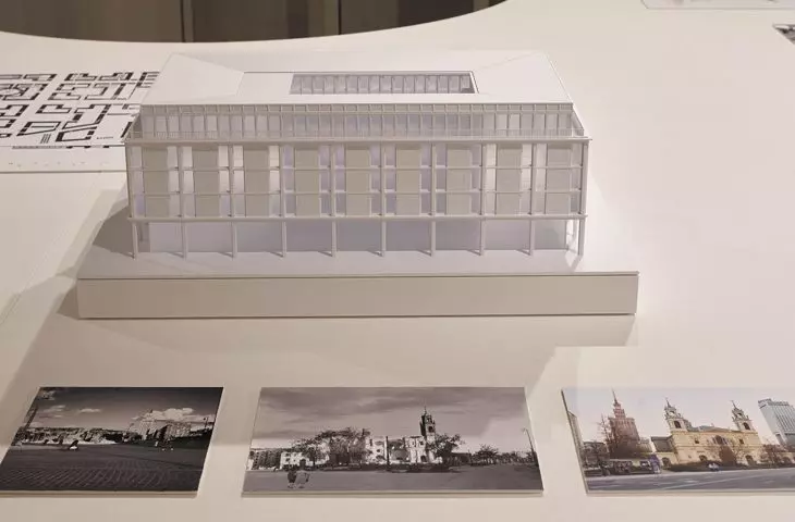 After the war, the Nowickis became involved in efforts to rebuild destroyed Warsaw; the photo shows a mock-up of a downtown office building designed by Maciej