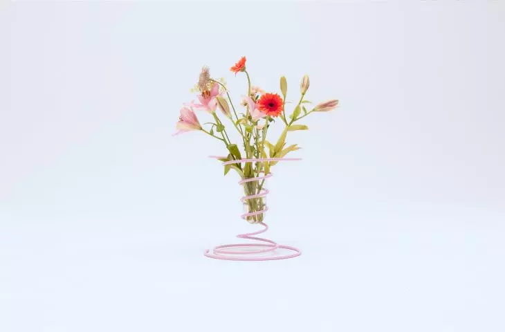 Vase constructed with a metal spring frame and glass insert