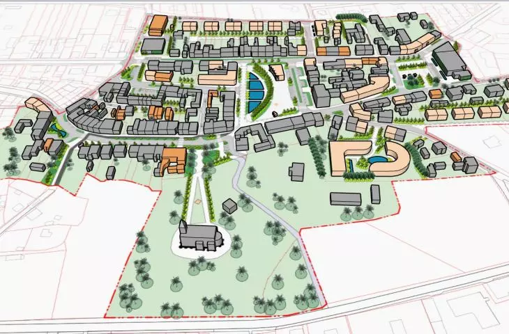 Visualization of the concept of revitalization of the center of Nowe Miasto nad Pilica - view from the southern side
