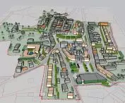 Visualization of the concept of revitalization of the center of Nowe Miasto nad Pilica - view from the eastern side