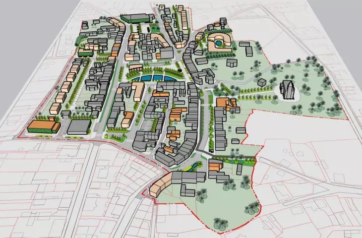 Visualization of the concept of revitalization of the center of Nowe Miasto nad Pilica - view from the western side
