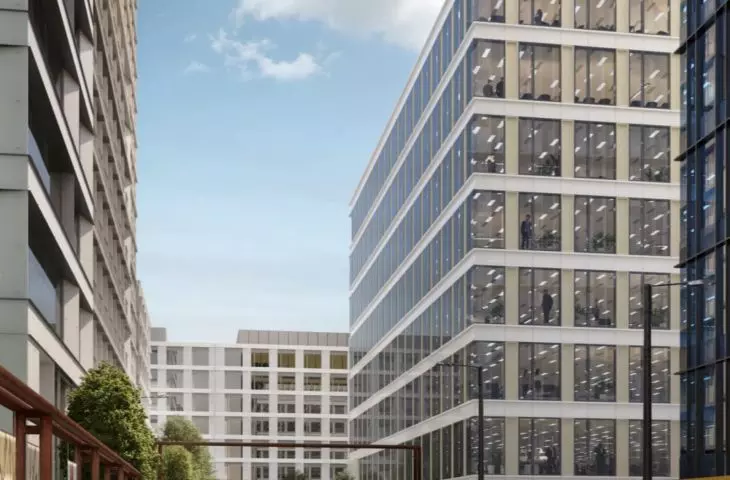 The entire area will be devoid of curbs and posts, and diverse greenery will appear along the street.