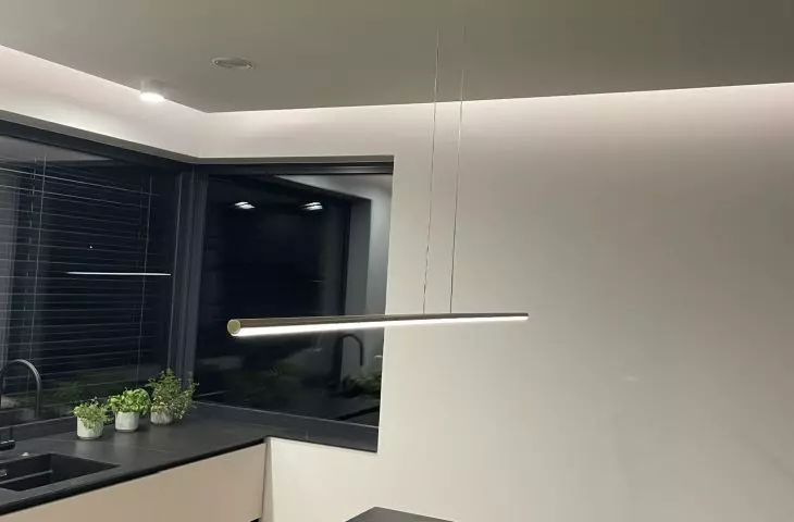 Minimalist Led Line lamp over kitchen island from LEDesign