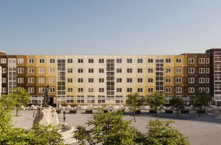 frontage of the (new) Old Market Square in Gorzow Wielkopolski, on the right the cathedral, on the left the former Kokos Department Store