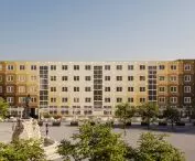 frontage of the (new) Old Market Square in Gorzow Wielkopolski, on the right the cathedral, on the left the former Kokos Department Store