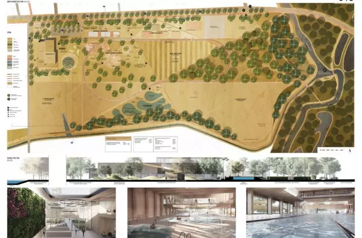 Second place, site plan, visualizations of the interior of the swimming pool