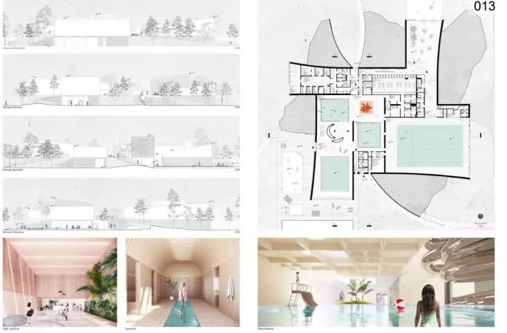 Third place, facades and interiors of the swimming pool complex