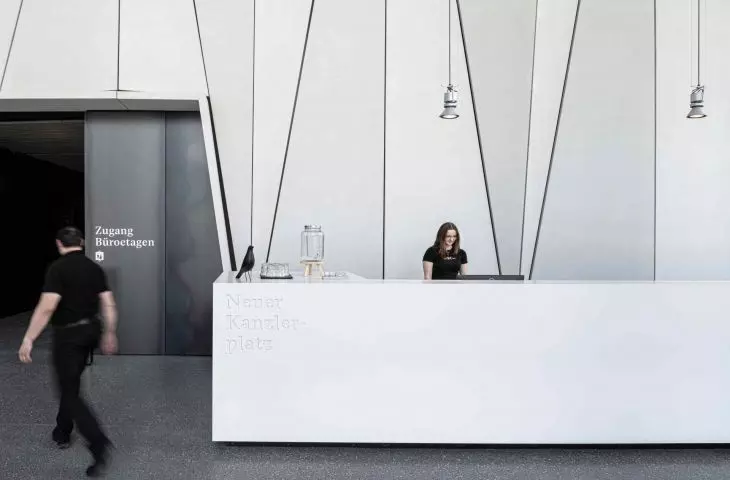 The foyer uses triangular panels 