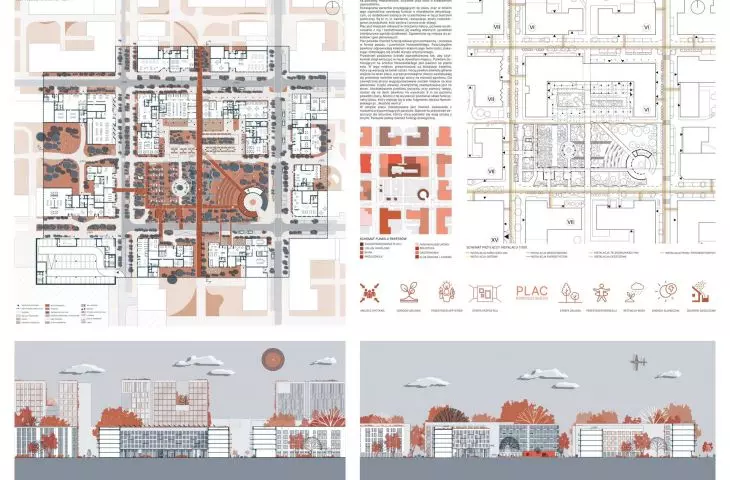 plansza III - plac im. Jerzego Nowosielskiego, rzut, schemat, przekroje