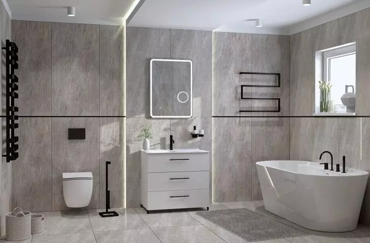 Scala Black Mat radiator, Ergoseat 3.0 wall-mounted bowl, Lav 200.4.4 Black Mat rack button, Reno standing cabinet with Colorado sink, Pomona mirror, Orion Black Mat low sink faucet, Trinidad towel rack, 